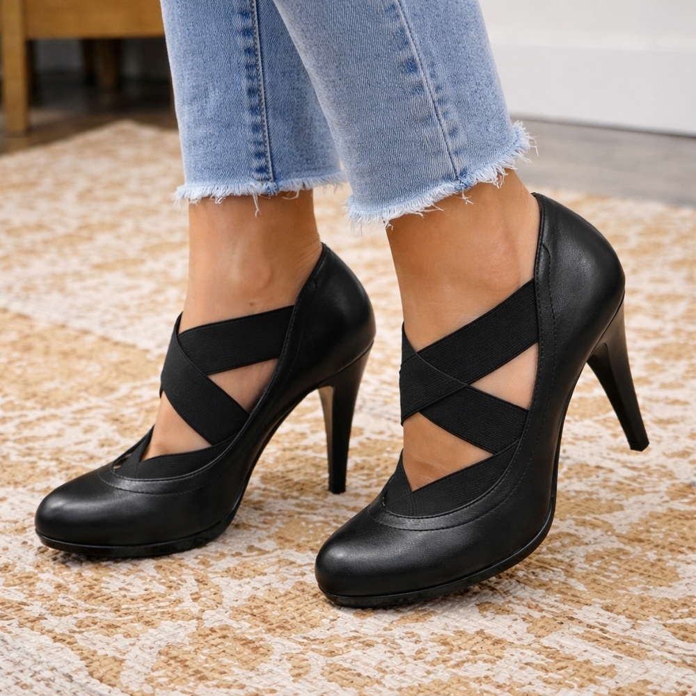 MICHAEL Michael Kors Black Leather Crisscross Heels | Strappy Elastic Pumps